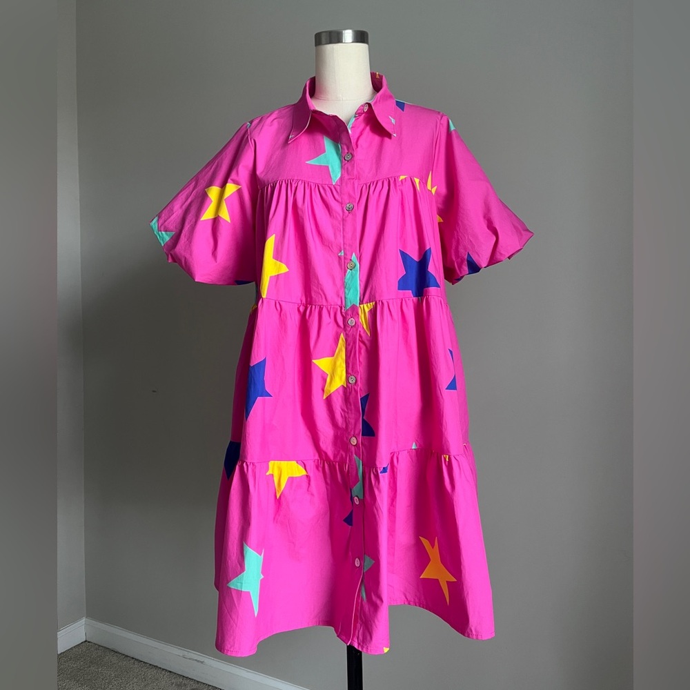 Pink multicolor star printed peplum dress